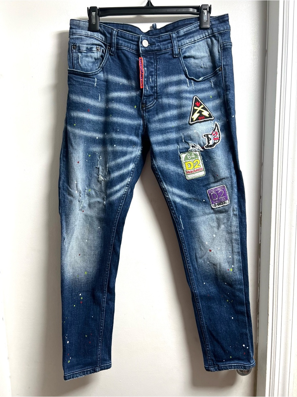 DSQUARED2 Distressed Blue Slim Straight Jeans with Patch & Paint-Splatter Detail